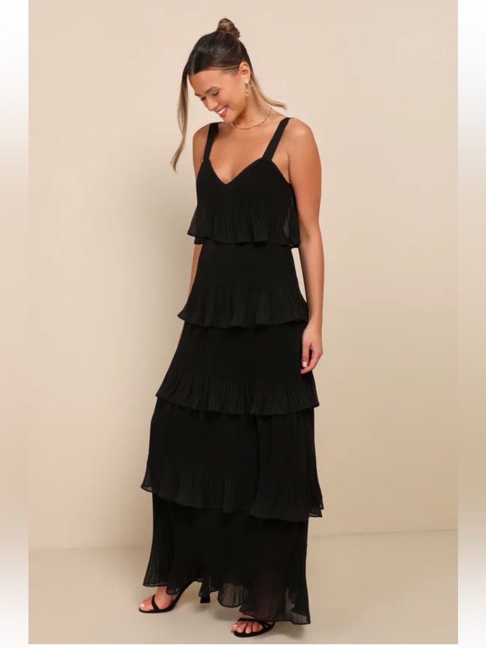NWT Lulu's Elegant Nature Black Pleated Sleeveless Tiered Maxi Dress XL
